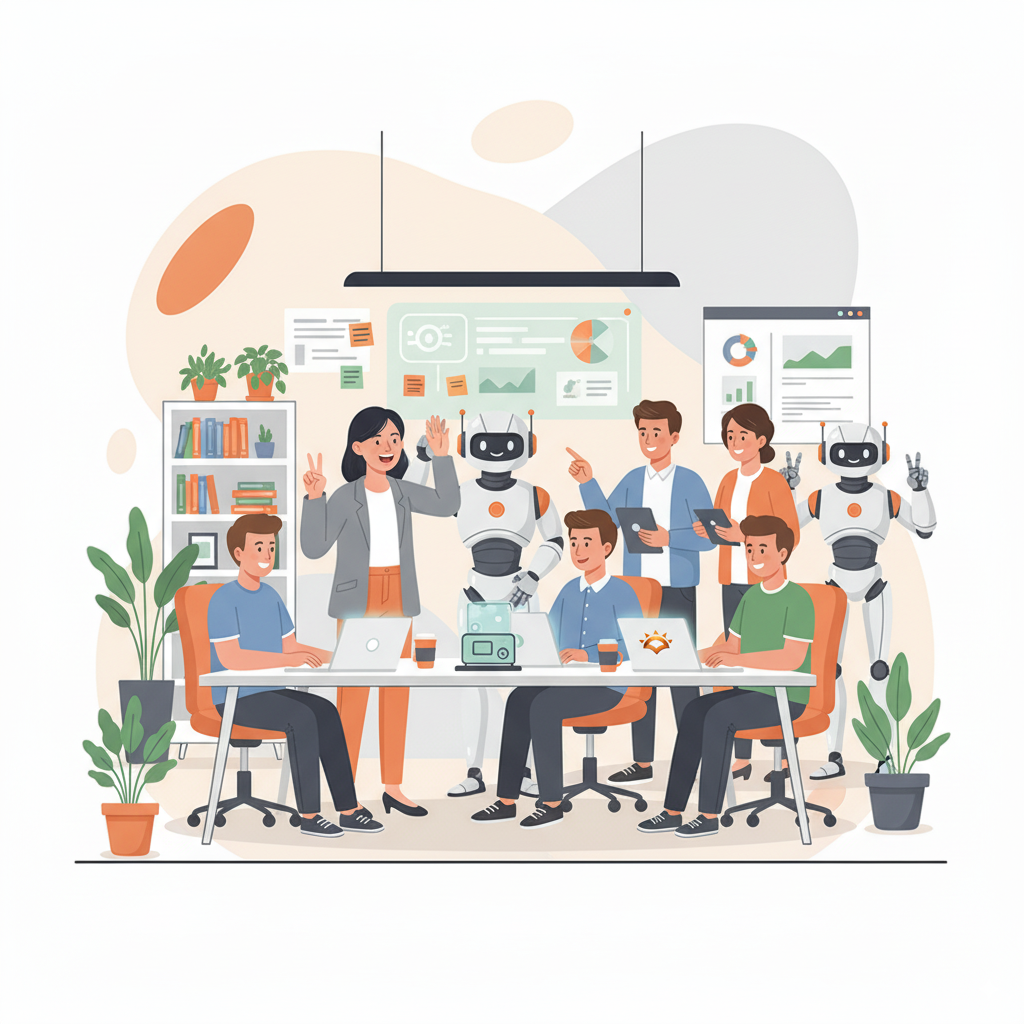 ATTRAL AI team collaboration - humans and robots working together in a modern office environment